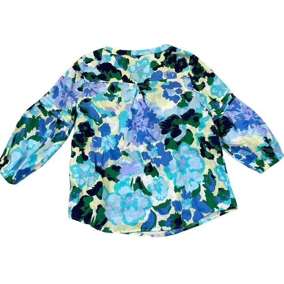 Charter Club Womens Blouse Medium 100% Linen Blue Floral Square Neck Boho - Picture 2 of 9